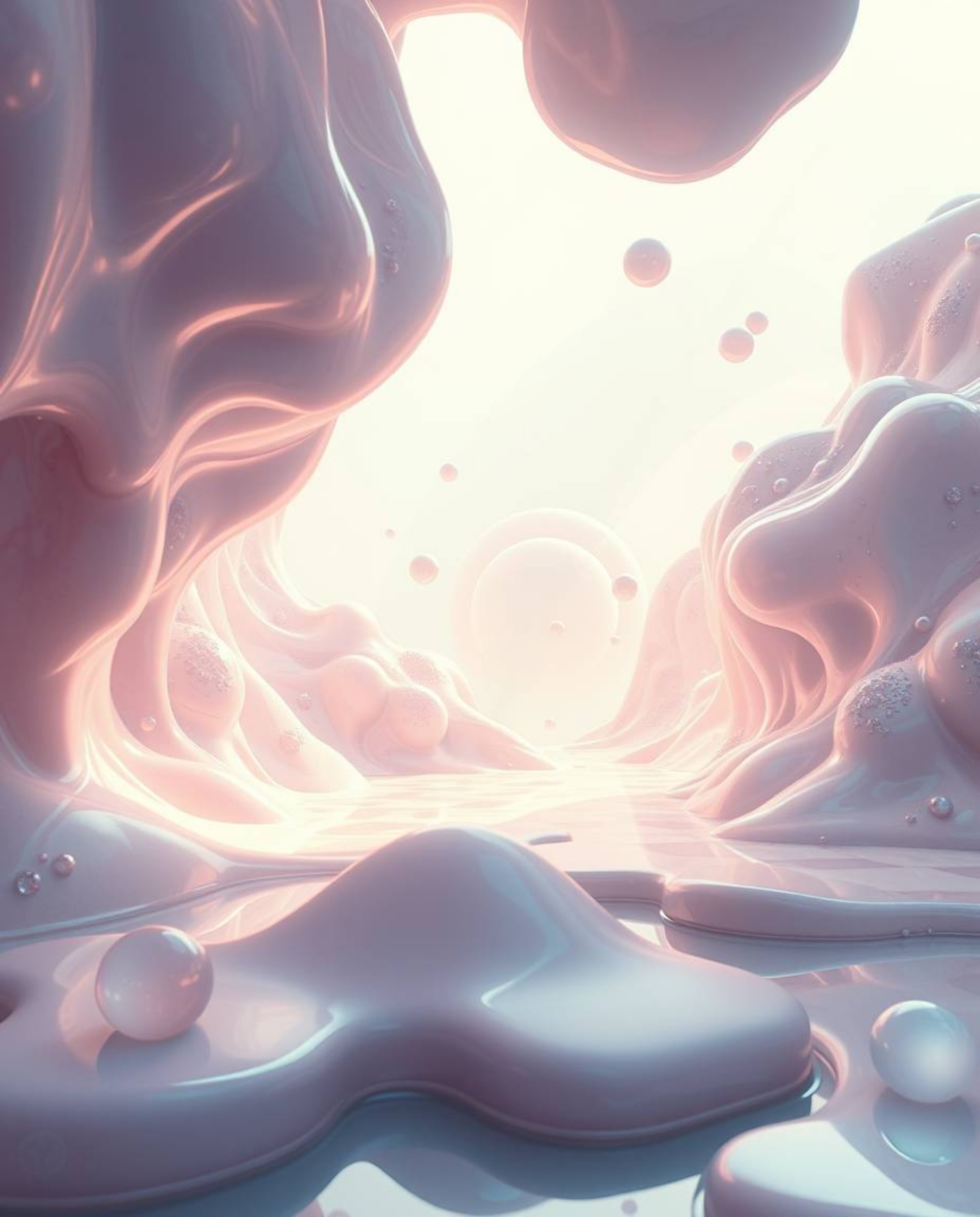 A captivating Isekai anime-style illustration blends soft, dreamy aesthetics with surreal 3D fluid shapes resembling melted g