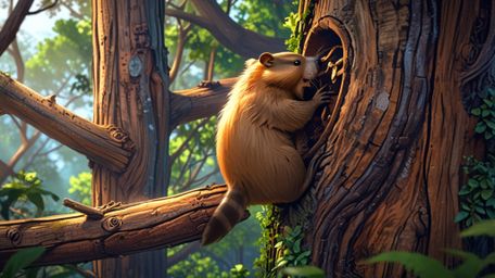 In a heartwarming scene rendered in a blend of Pixar and anime styles, a kind-hearted beaver is diligently building the perfe