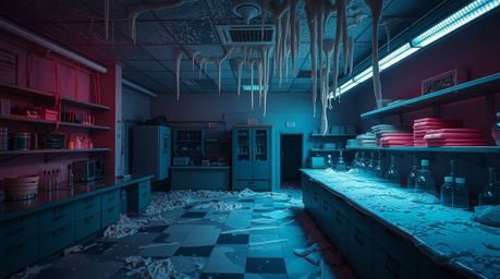 This image presents a surreal and captivating scene of a science lab completely covered in slime. High-contrast, low-key ligh