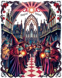 Immerse yourself in a vibrant, retro-styled print showcasing a magical school teeming with young wizards. This piece is metic