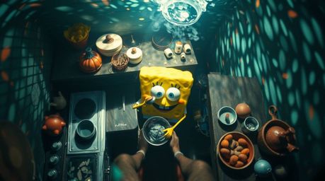 Discover a whimsical underwater world where a creative sponge chef prepares a culinary masterpiece. This captivating image sh