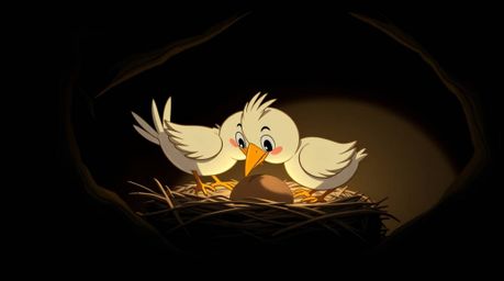 A stunning fine art photograph depicting two cartoon birds meticulously constructing a nest.  Rendered in a classic animation