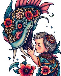 A captivating close-up image in a retro tattoo style depicts a friendly sea creature with intricate, ornamental details inter