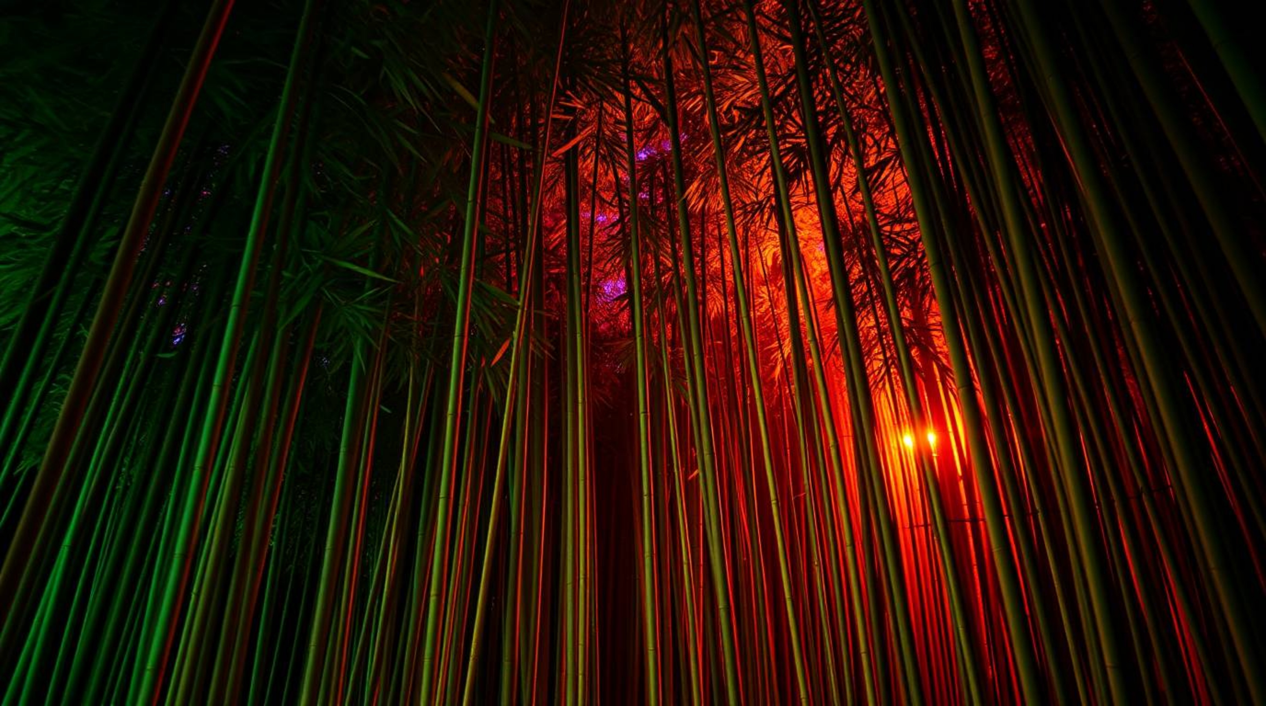 Capture the unsettling beauty of a bamboo forest bathed in the warm light of a vibrant sunset with a long exposure photograph
