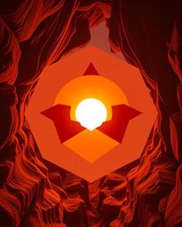 This geometric logo offers a unique overhead, top-down perspective of a sunset illuminating sandstone cliffs within a canyon.