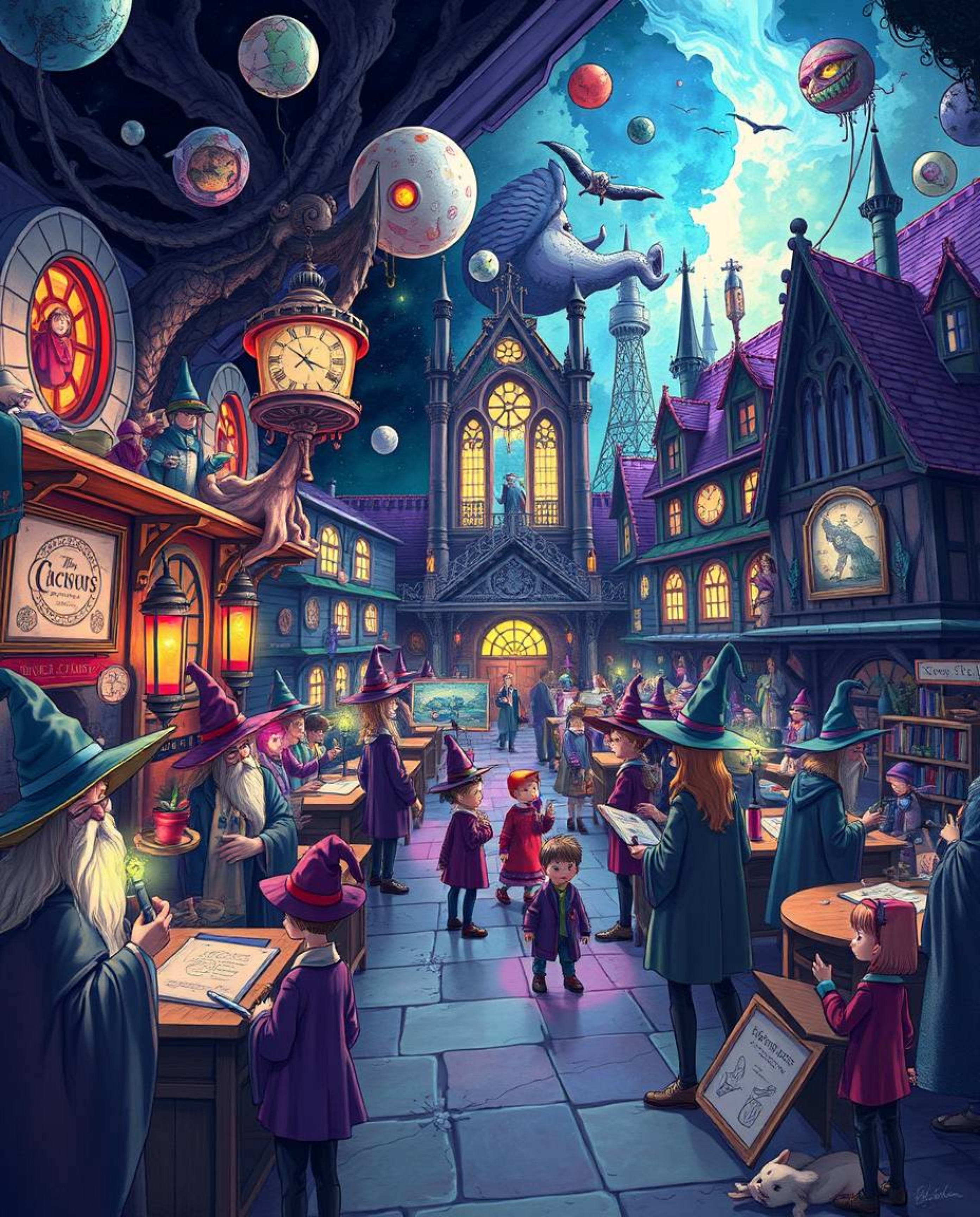 Immerse yourself in a surreal, dreamlike illustration of a magical school brimming with young wizards. This artwork showcases
