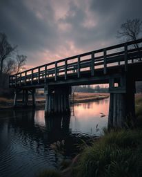 A professional fine art photograph captures a moody, warm, soft, and slightly dark scene of an old wooden bridge over a river
