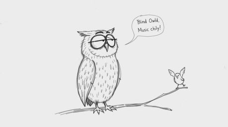 A heartwarming, hand-drawn sketch in Pixar style depicts a blind owl with textured pencil strokes, passionately teaching bird