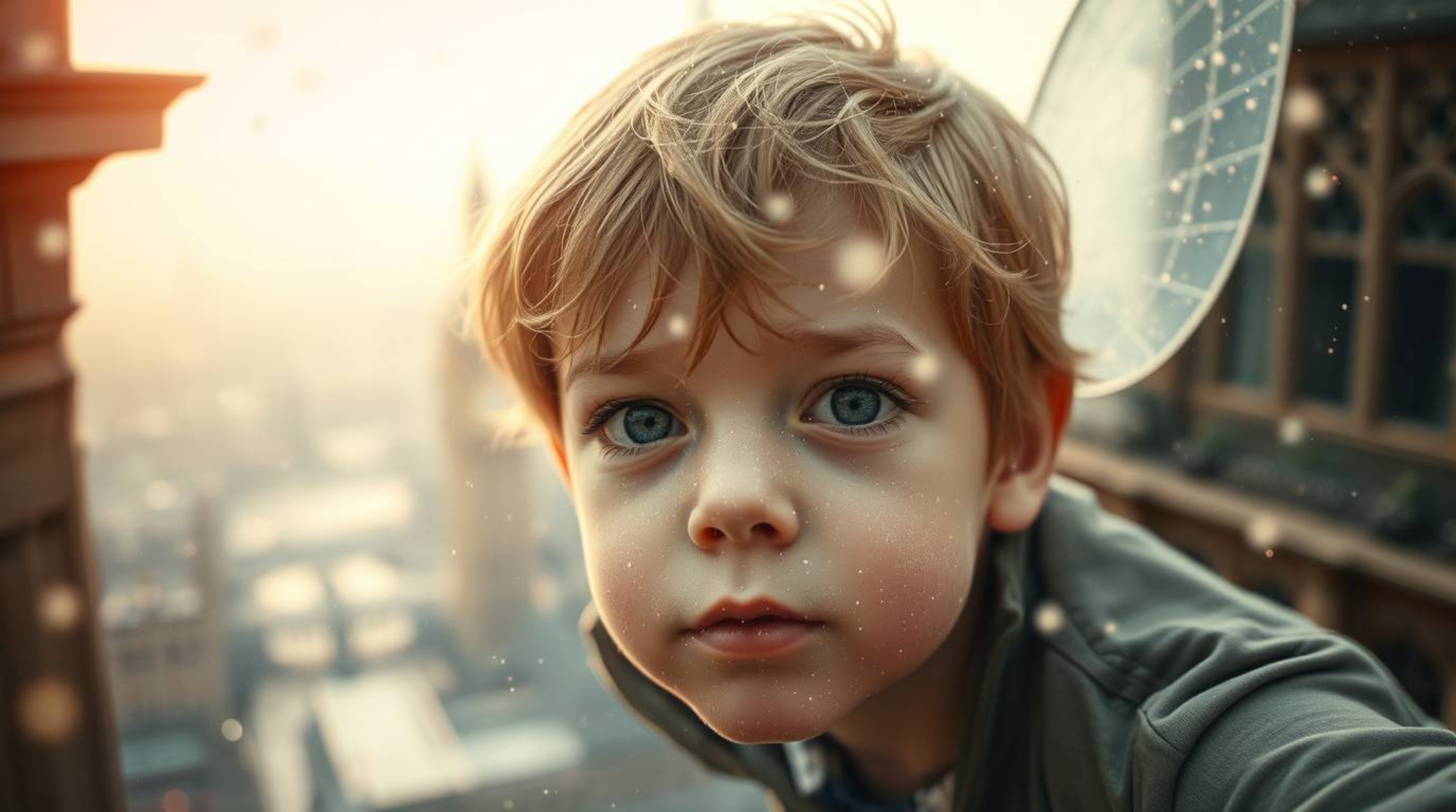 This image captures a young boy in extreme macro close-up, his face subtly veiled by pixie dust, as he soars above London. Th