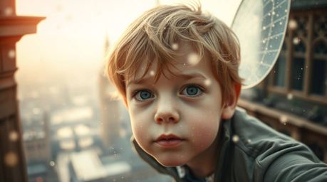 This image captures a young boy in extreme macro close-up, his face subtly veiled by pixie dust, as he soars above London. Th