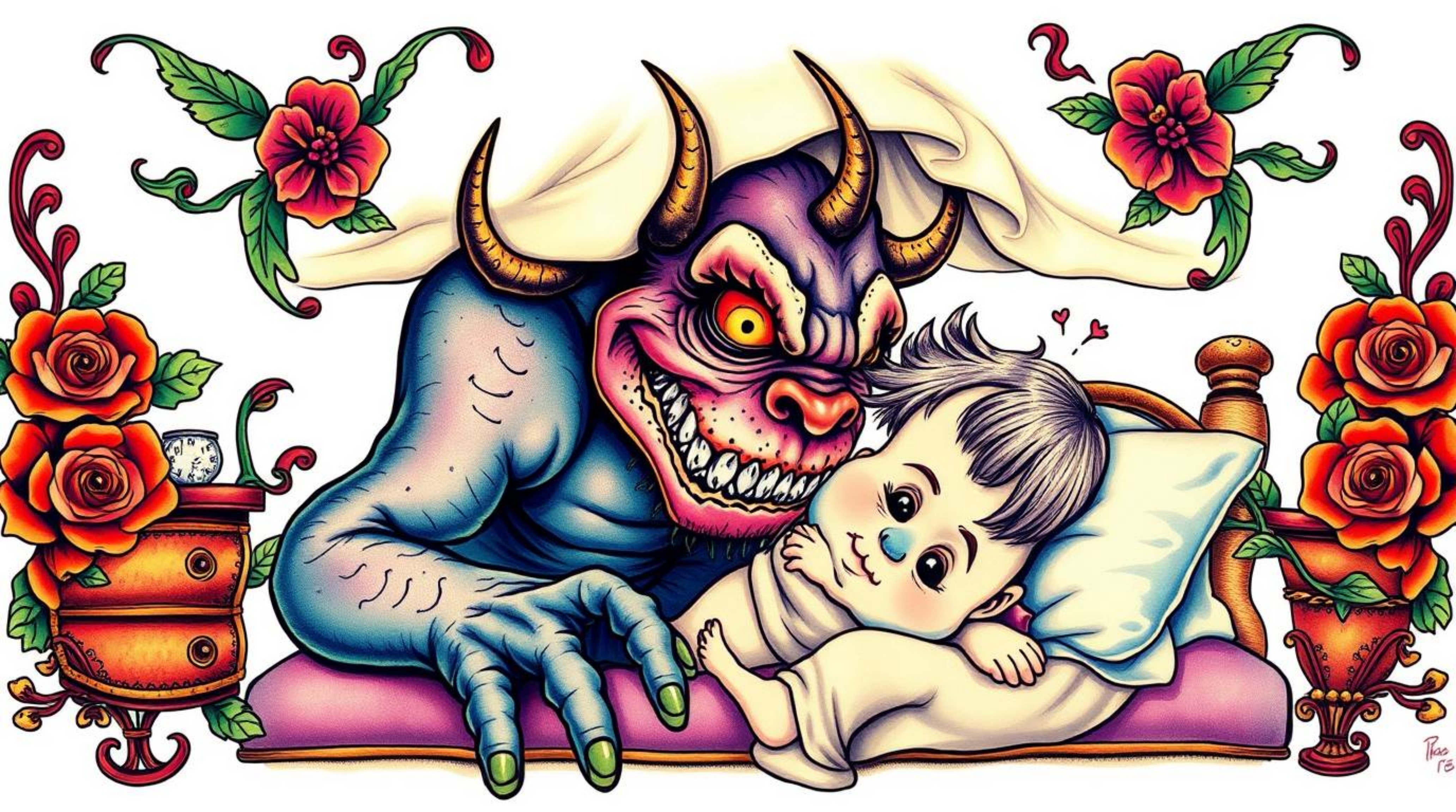A vibrant, traditional tattoo-style art print depicts a whimsical scene of a monster under a bed forming an unlikely friendsh