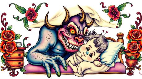 A vibrant, traditional tattoo-style art print depicts a whimsical scene of a monster under a bed forming an unlikely friendsh