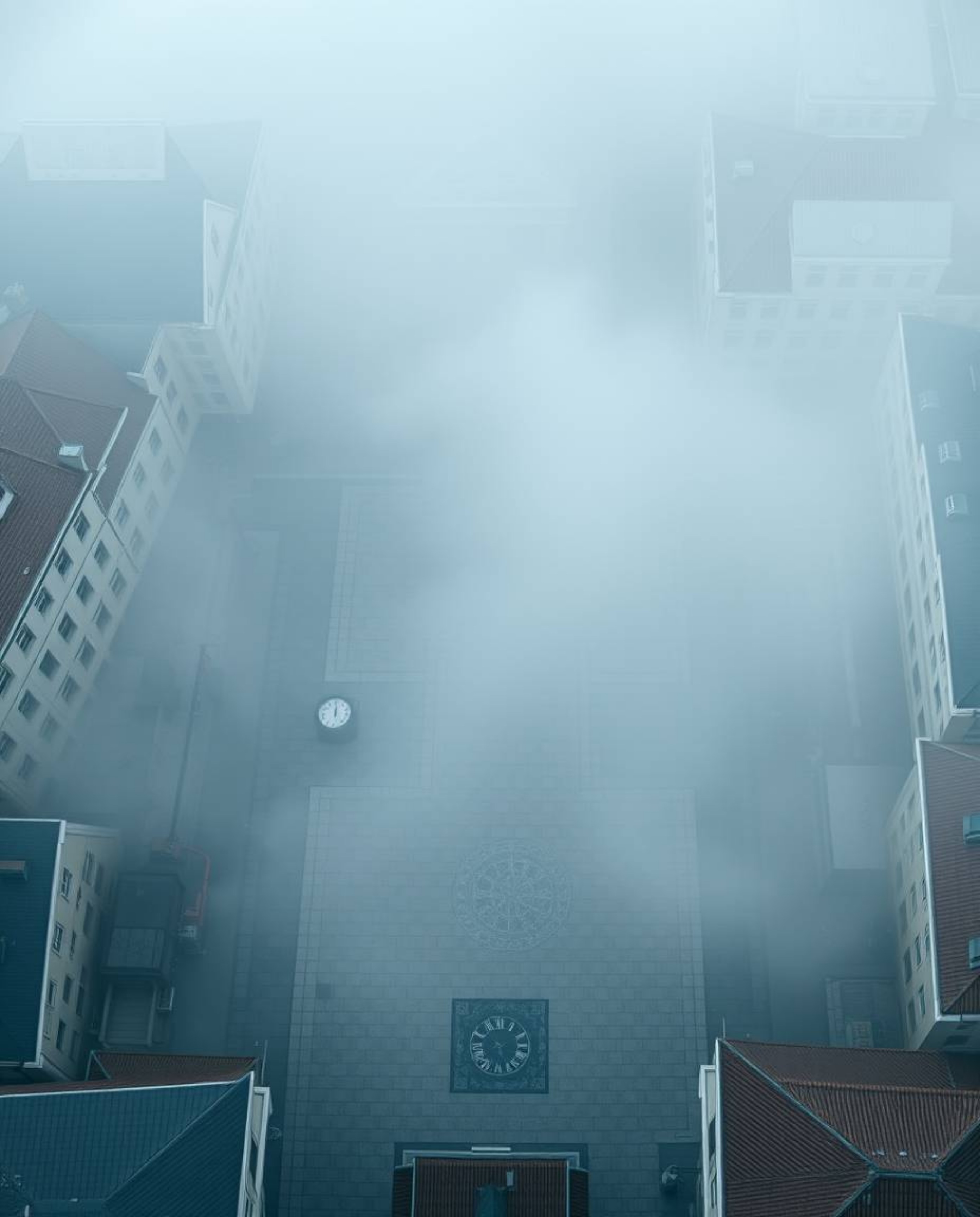 A digital illustration depicts an empty town square shrouded in thick fog, with barely visible ticking clocks.  The top-down 