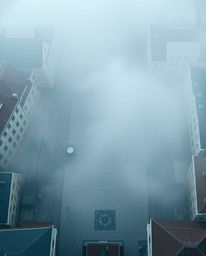A digital illustration depicts an empty town square shrouded in thick fog, with barely visible ticking clocks.  The top-down 