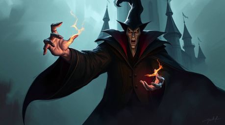 A captivating digital painting depicts a classic Disney villain casting a spell within a misty, ancient castle. The artwork
