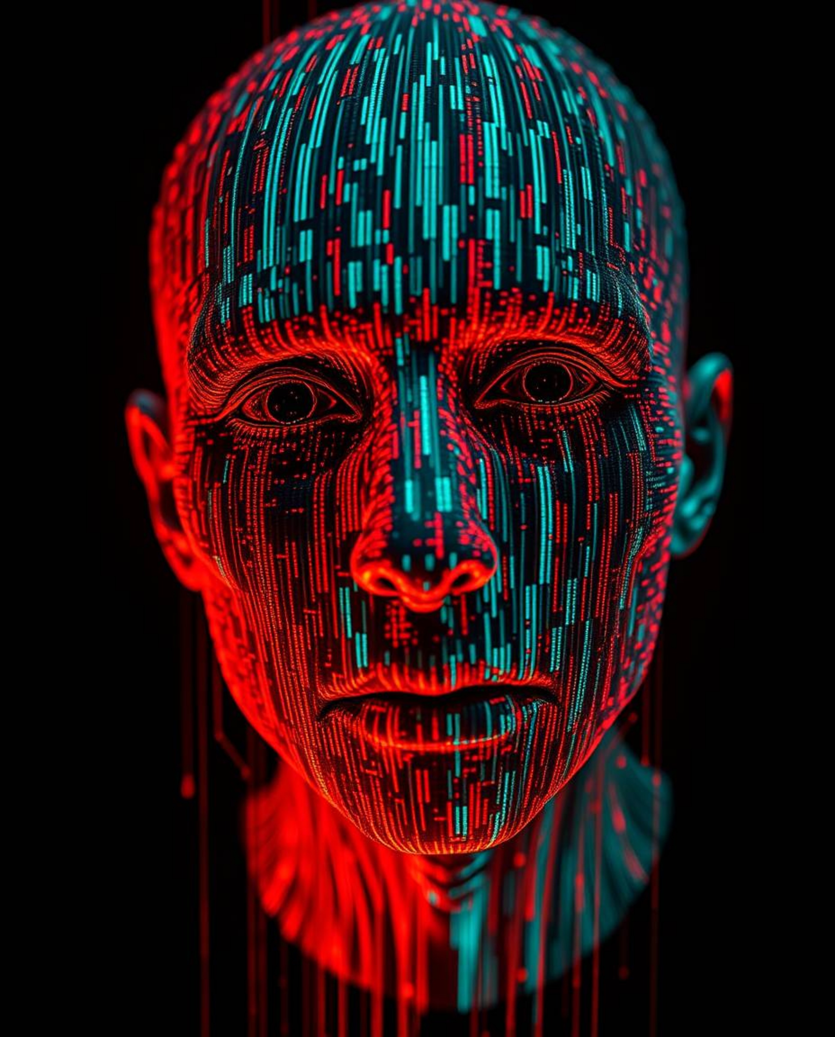 Eerie and unsettling digital art featuring a human face morphing into a data stream.  The piece uses a striking contrast of w
