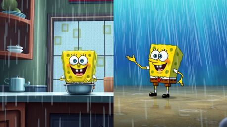 This split-screen image showcases a sponge character cooking in an underwater kitchen, contrasting two distinct environments.