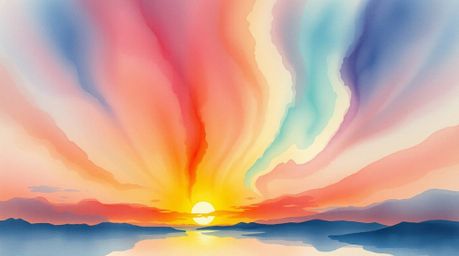 A breathtaking watercolor painting depicts the ethereal Northern Lights emerging over a vibrant sunset sky.  The artwork util