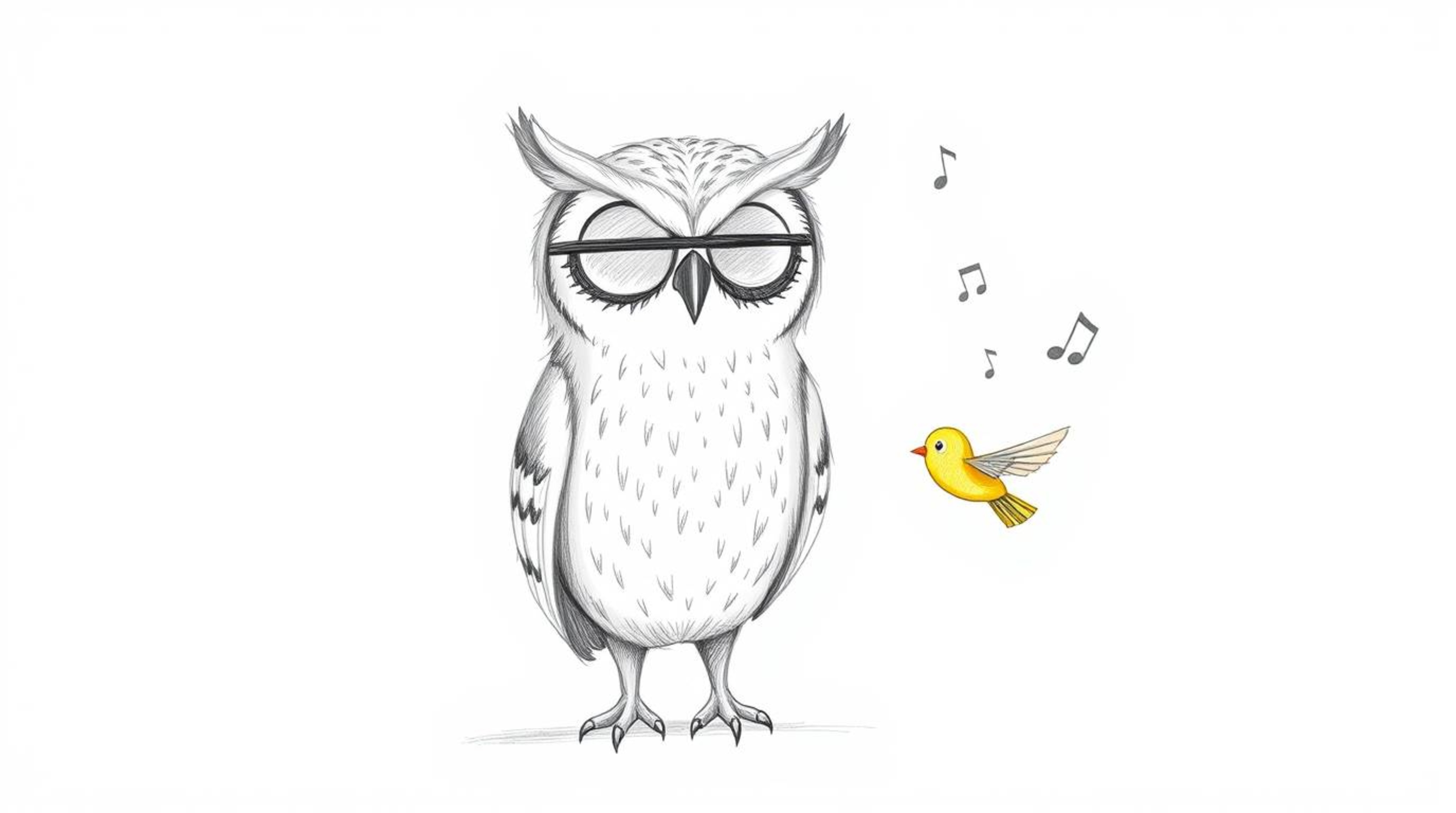A heartwarming hand-drawn sketch in the style of Pixar portrays a gentle, blind owl teaching brightly colored birds how to fl