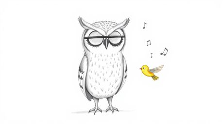 A heartwarming hand-drawn sketch in the style of Pixar portrays a gentle, blind owl teaching brightly colored birds how to fl
