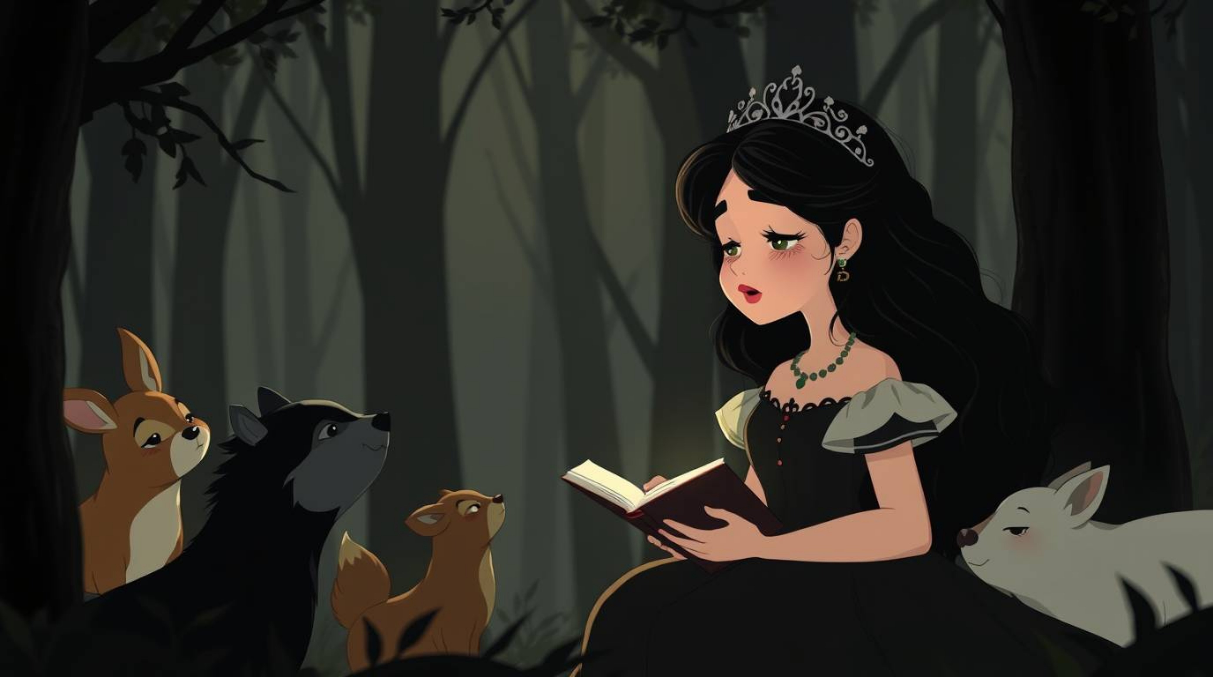 A princess with pale skin and dark hair captivates forest animals with her song, rendered in a nostalgic vintage 2D animation
