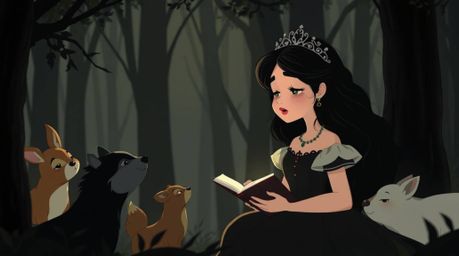 A princess with pale skin and dark hair captivates forest animals with her song, rendered in a nostalgic vintage 2D animation