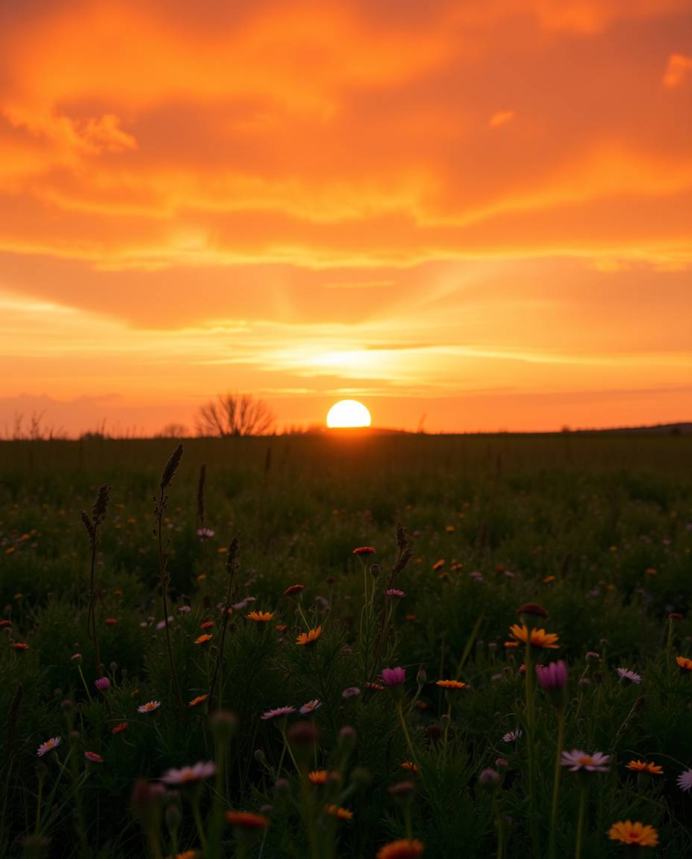 A dramatic and cinematic photograph of a sunset over a spring wildflower meadow, defined by its striking color contrast of wa