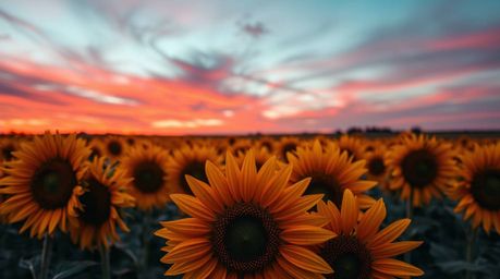 A stunning close-up captures a breathtaking sunflower field bathed in the warm glow of a deep red and purple sunset.  The ima