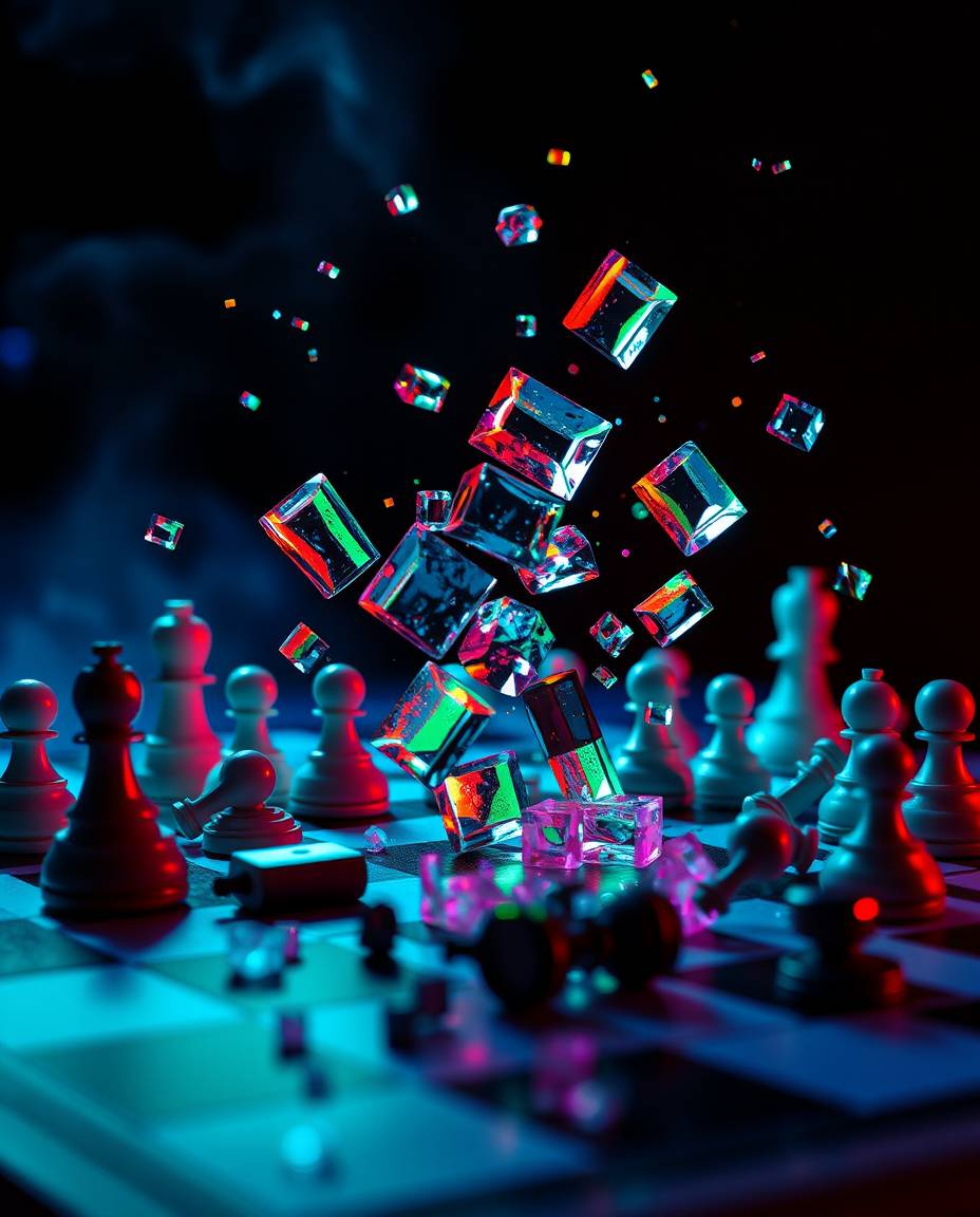 A captivating image of a chessboard with pieces frozen mid-air in a moment of explosive destruction.  Bright, vibrant colors 