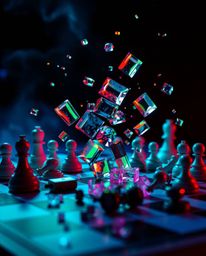 A captivating image of a chessboard with pieces frozen mid-air in a moment of explosive destruction.  Bright, vibrant colors 