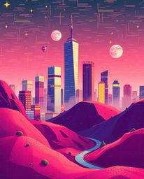 Explore an adorable and charming glitchy digital landscape featuring distorted skyscrapers and static noise, cleverly divided