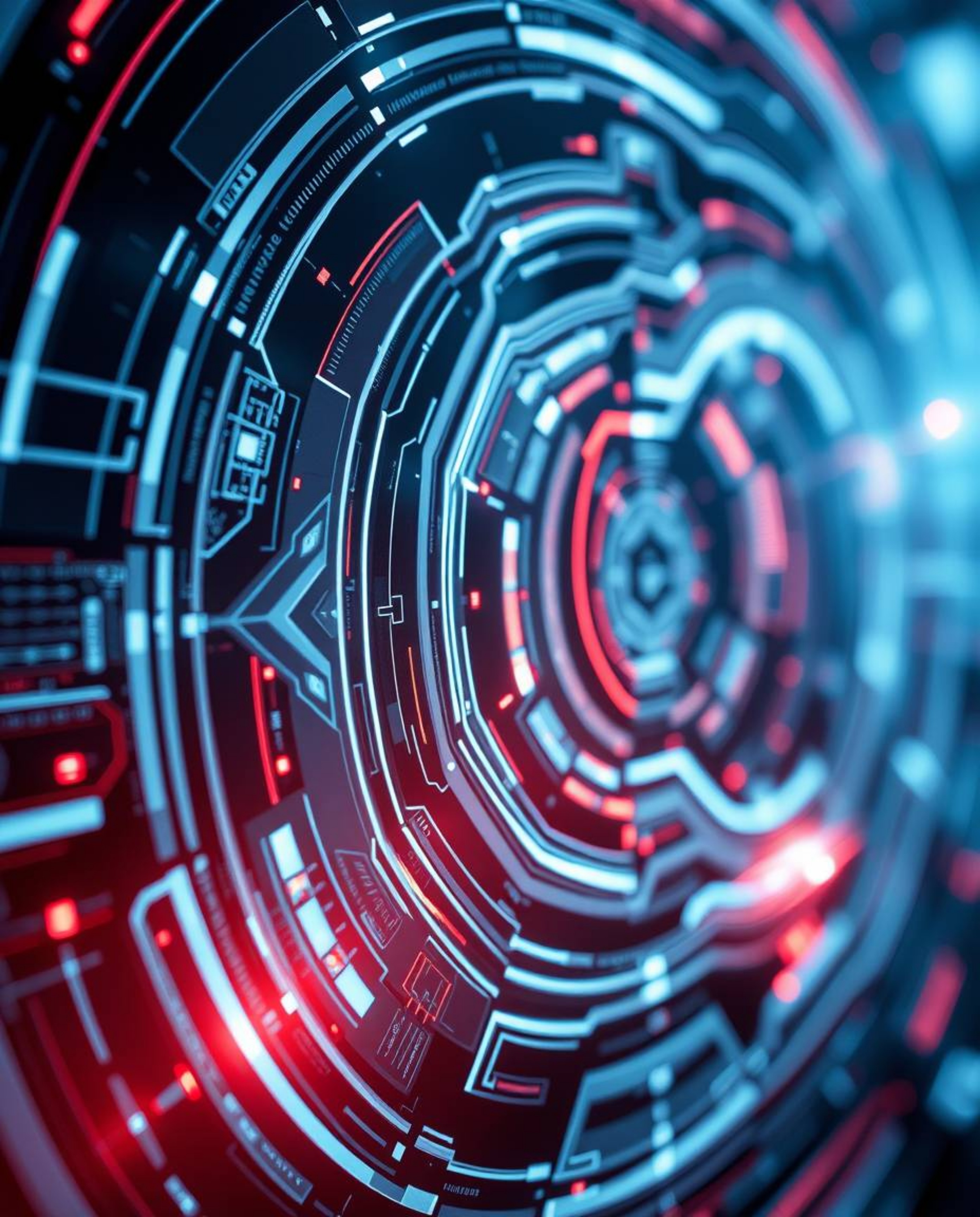 A close-up shot of a futuristic digital interface showcasing intricate details, geometric patterns, and holographic elements 