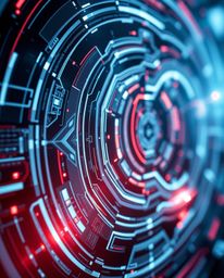 A close-up shot of a futuristic digital interface showcasing intricate details, geometric patterns, and holographic elements 