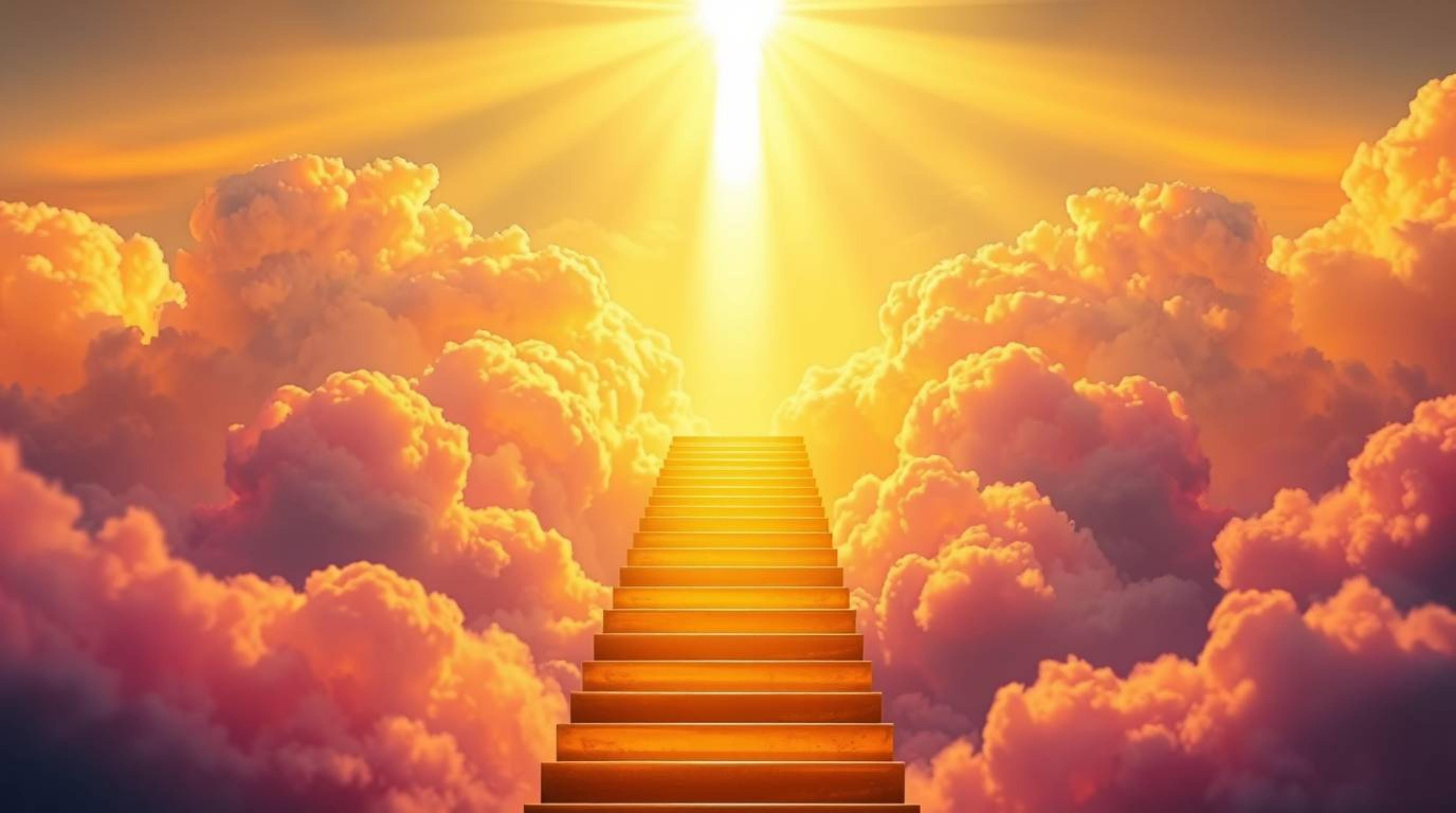 A captivating image depicts a vibrant golden staircase ascending through fluffy clouds towards a radiant heaven. Sunlight pie