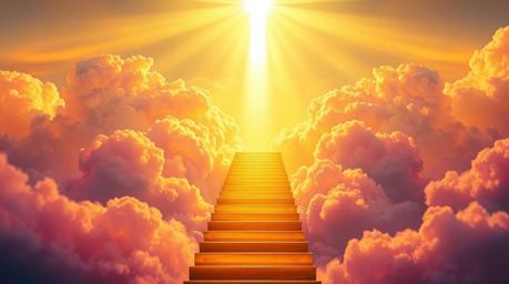 A captivating image depicts a vibrant golden staircase ascending through fluffy clouds towards a radiant heaven. Sunlight pie