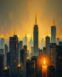 A captivating classic oil painting depicts a glitchy digital landscape featuring distorted skyscrapers and static noise.  War