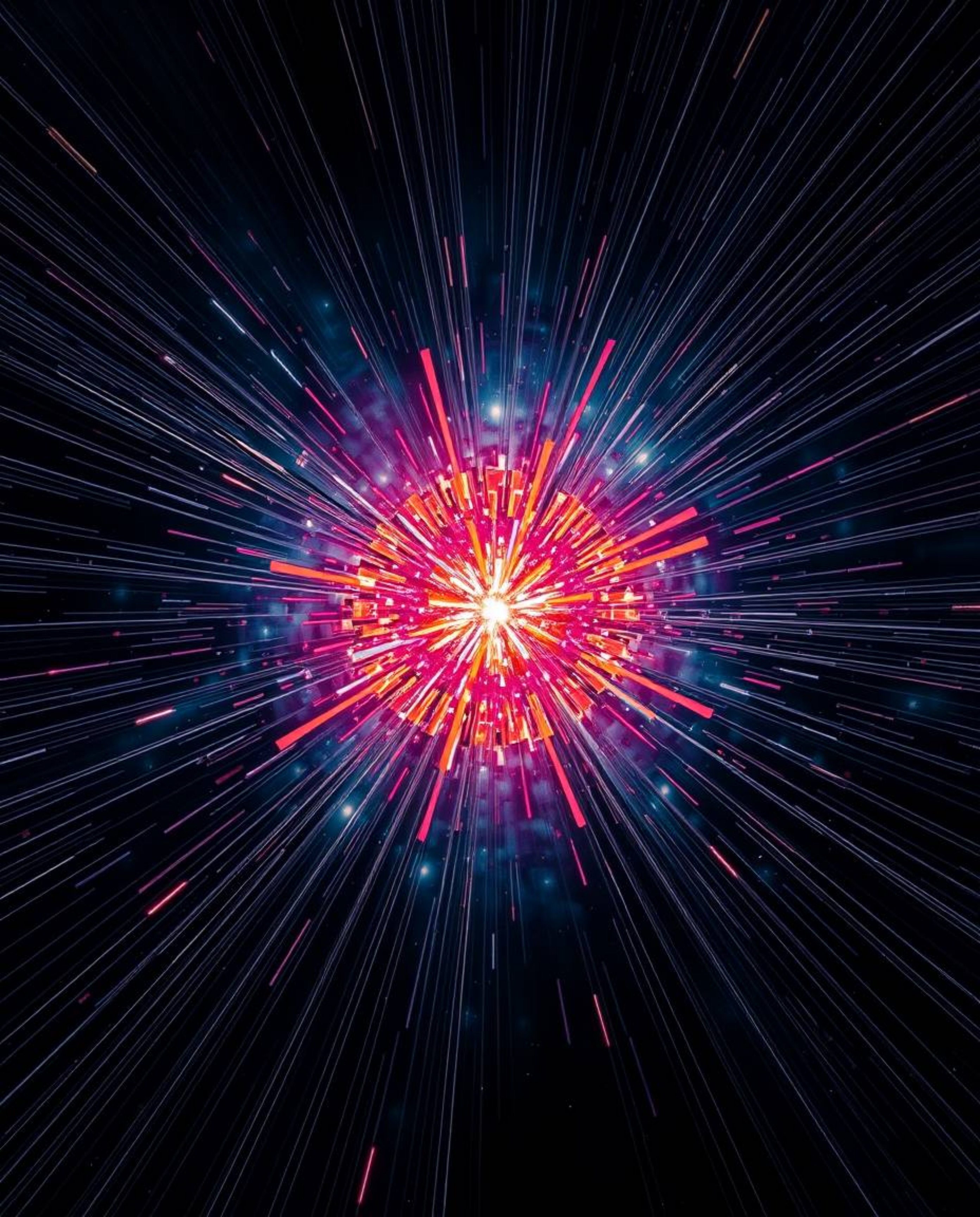 Stunning architectural color photography capturing the vibrant chaos of a cosmic explosion.  Witness colliding galaxies in a 
