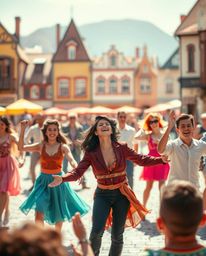 A vibrant and energetic musical number unfolds in a brightly lit town square.  The scene is captured with vivid, saturated co