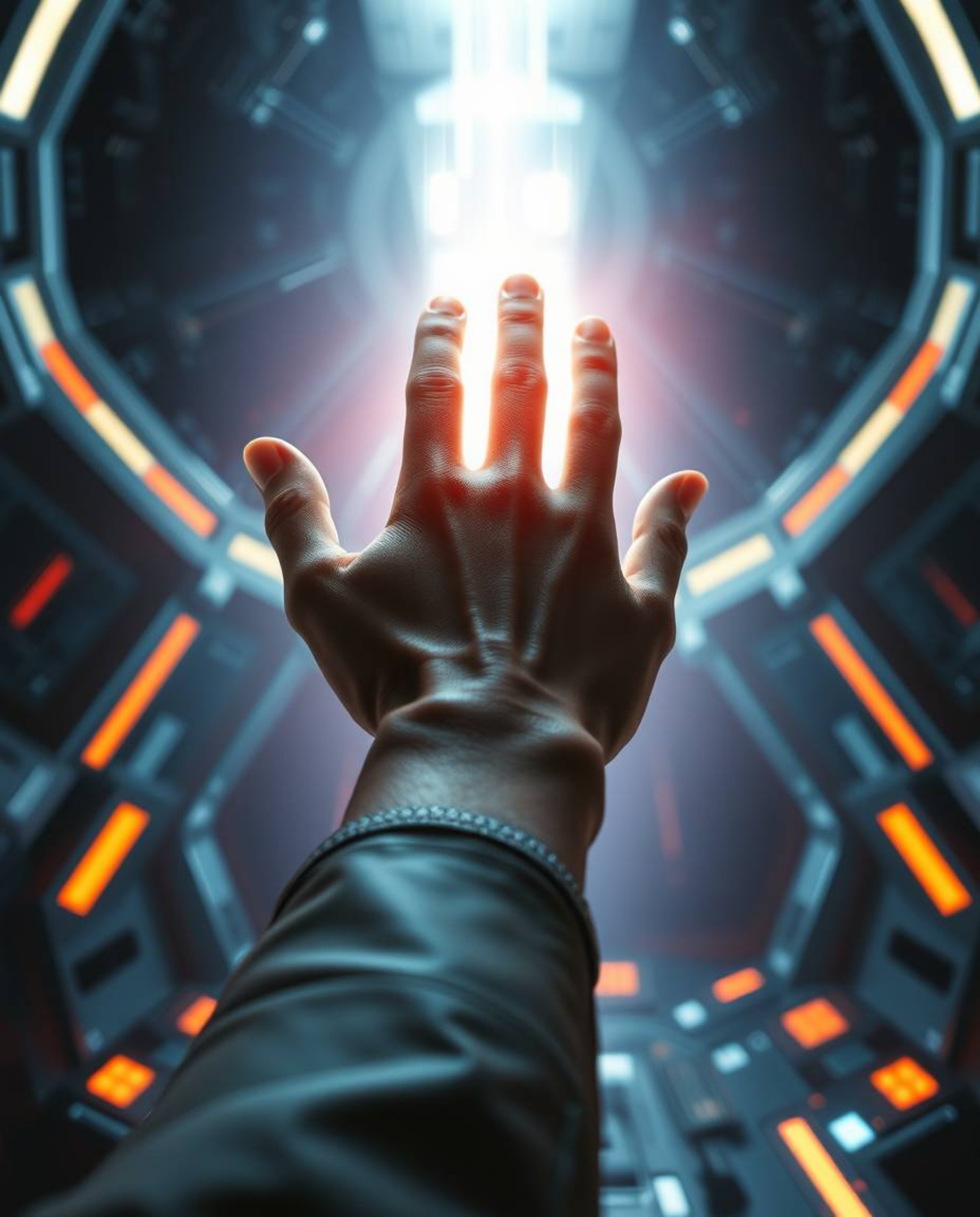 A captivating image depicting a hand reaching towards a source of light from an enveloping darkness, set in a futuristic sci-
