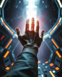 A captivating image depicting a hand reaching towards a source of light from an enveloping darkness, set in a futuristic sci-