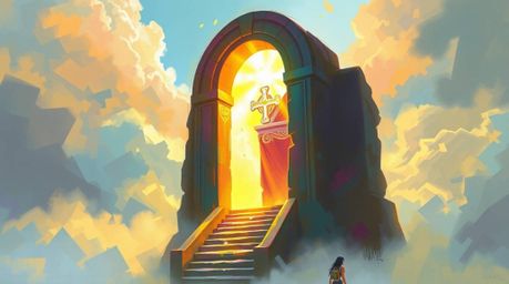 A misty, atmospheric digital sketch depicting a heavenly gate floating above the clouds. This fantasy realism piece showcases