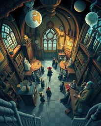 Immerse yourself in a surreal high-angle perspective illustration of a magical school teeming with young wizards. This fantas