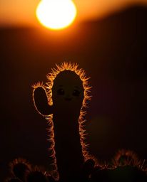 A dramatic, high-contrast image showcasing an adorable and charming desert cactus. Glowing in the last rays of the sun, the s