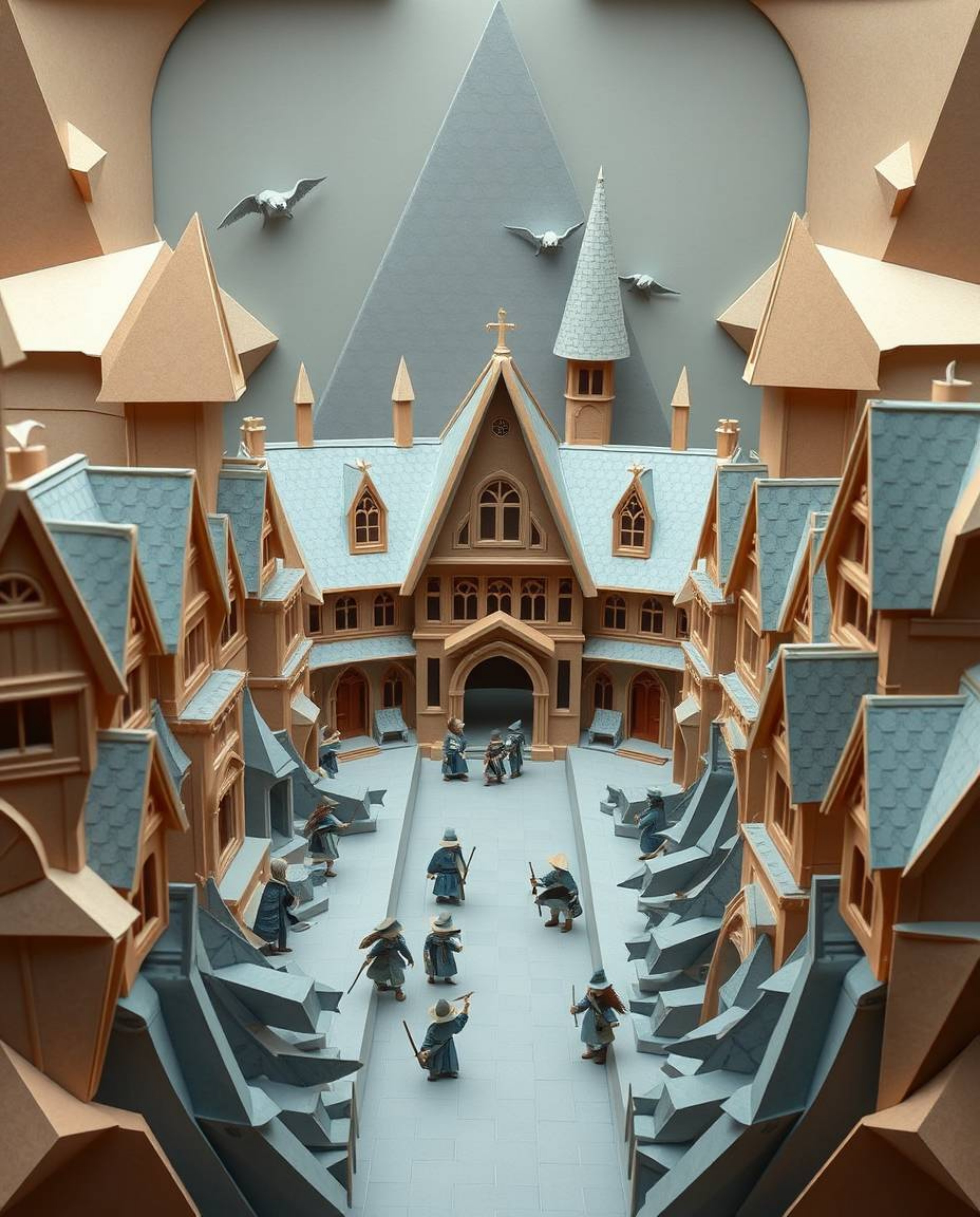 A captivating origami-style illustration depicts a magical school brimming with young wizards, meticulously crafted with geom