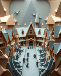A captivating origami-style illustration depicts a magical school brimming with young wizards, meticulously crafted with geom