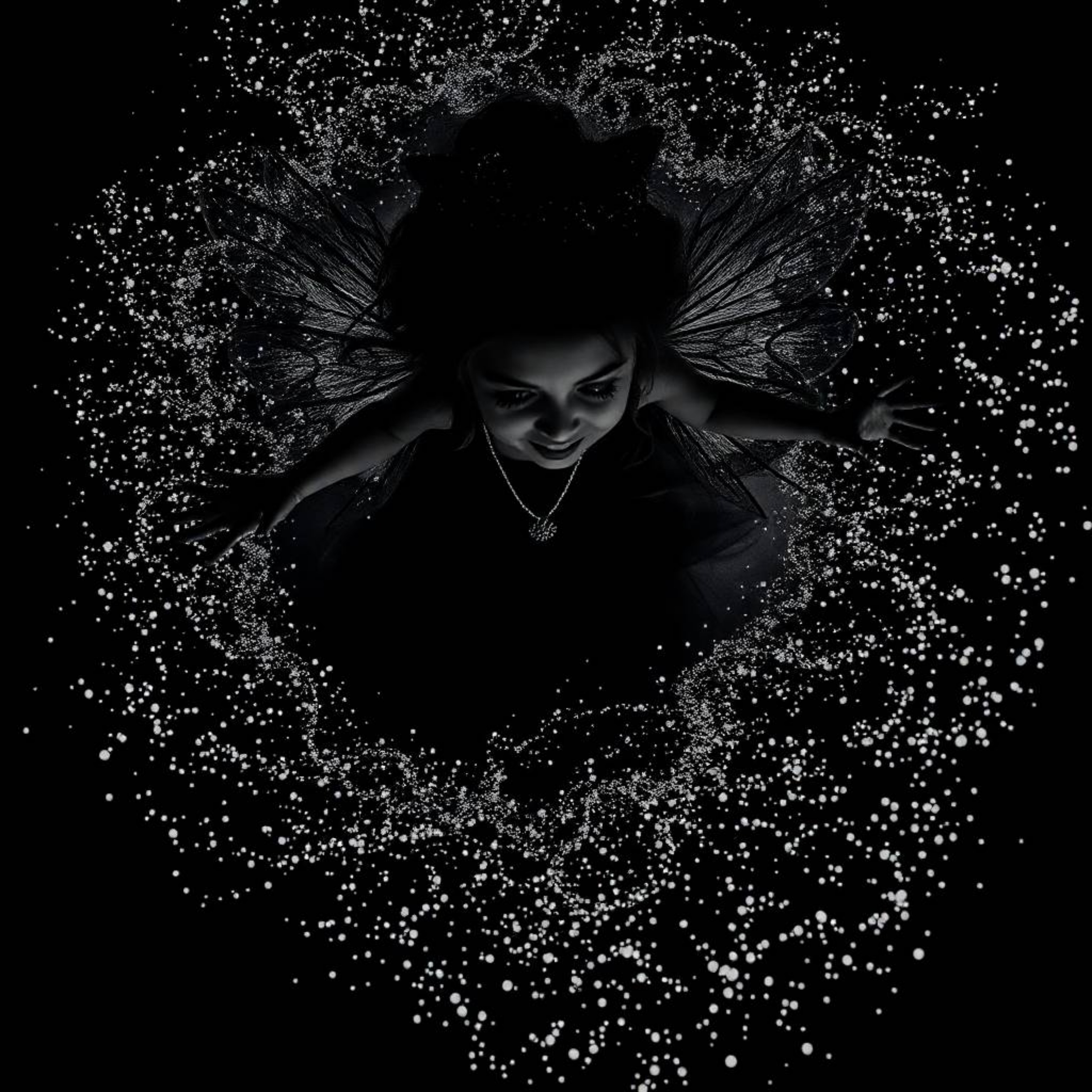Capture the magic with this high-angle photograph featuring a fairy godmother in a mesmerizing swirl of sparkles. The intense