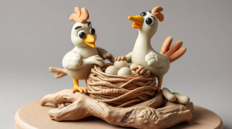 This captivating sculptural clay art portrays two cartoon birds diligently building a nest in a charming classic animation st