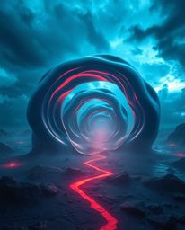 Explore the eerie atmosphere of futuristic 3D fluid shapes with glowing edges set against a deep blue background and stormy s