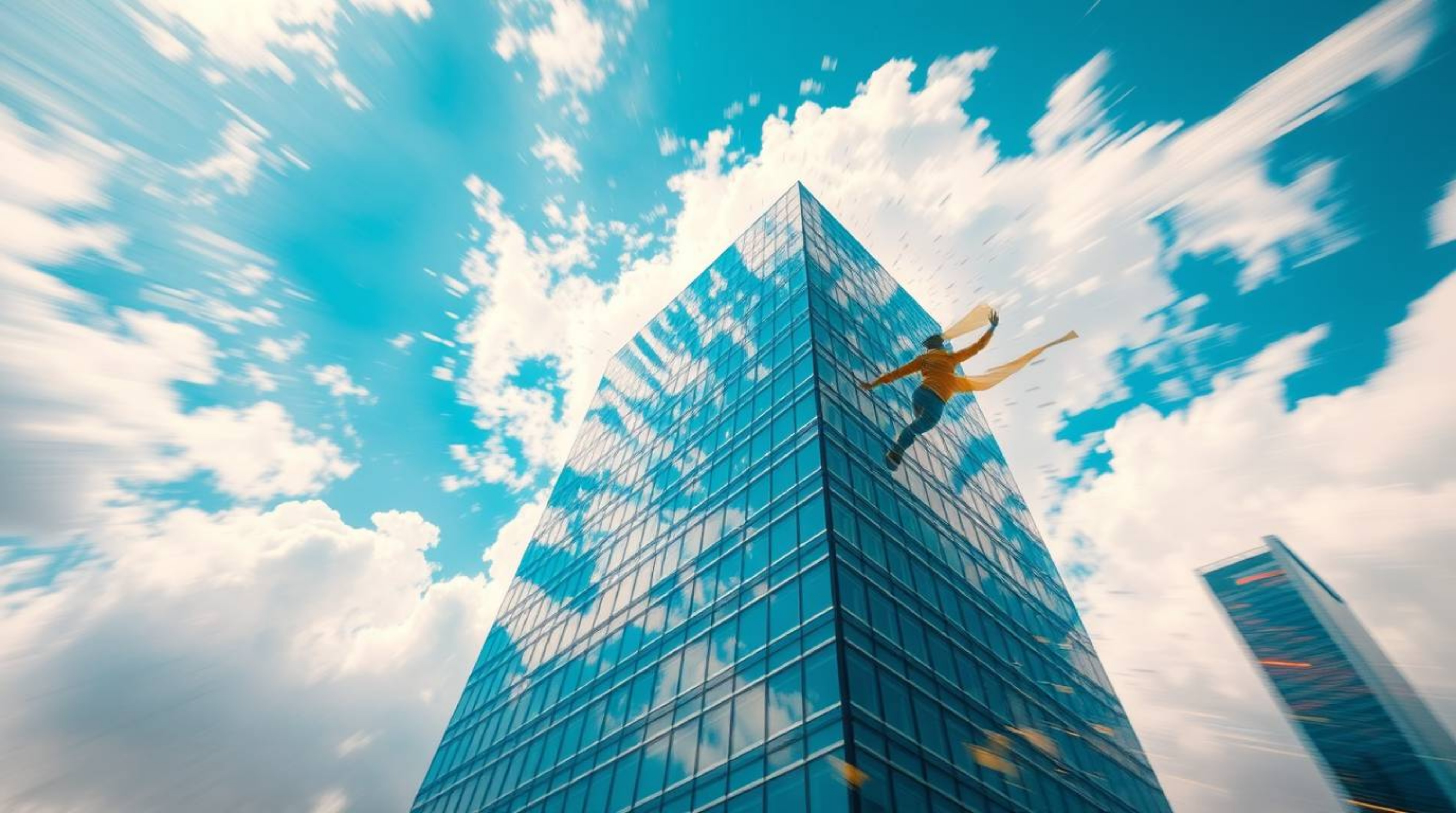 A dynamic and vibrant artwork showcasing a modern glass building seemingly dissolving into a sky filled with soft clouds, cre