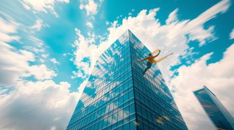 A dynamic and vibrant artwork showcasing a modern glass building seemingly dissolving into a sky filled with soft clouds, cre